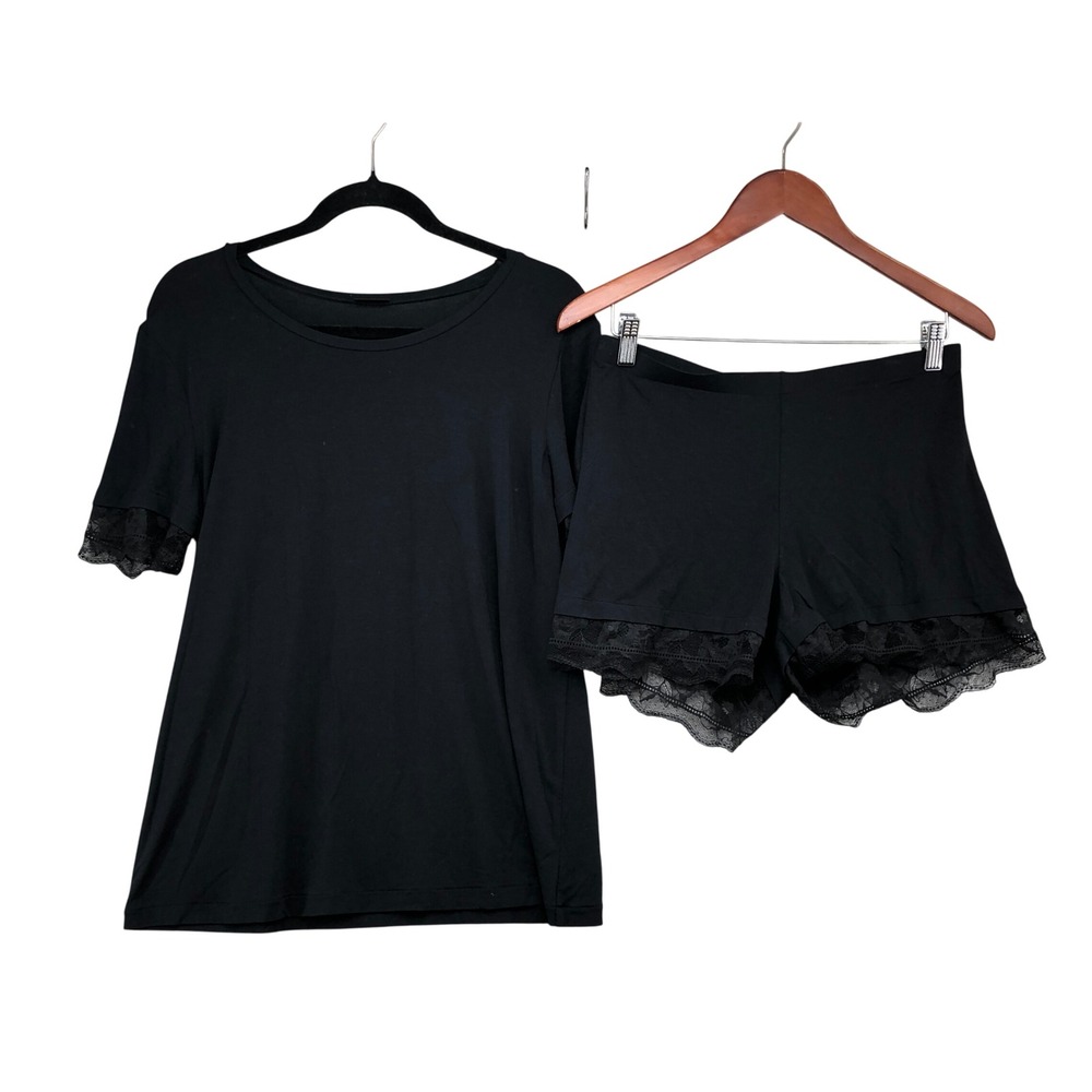 La Perla Pajama Set Womens M Medium Black Lace Trim Short Sleeve Shirt Shorts